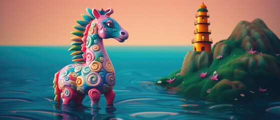 Mythical horse of the sea figurine toy in vibrant polka dot coral reef colors, deep blue aquamarine ocean, fantasy wonderland, coastal castle tower guardian - generative AI - obrazy, fototapety, plakaty