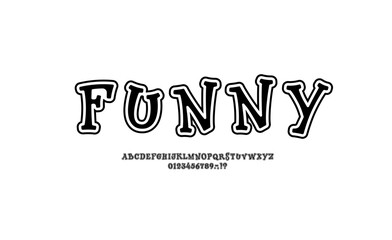 Joyful alphabet, child font made cartoon style, funny black uppercase Latin letters and Arab numerals, vector illustration 10EPS