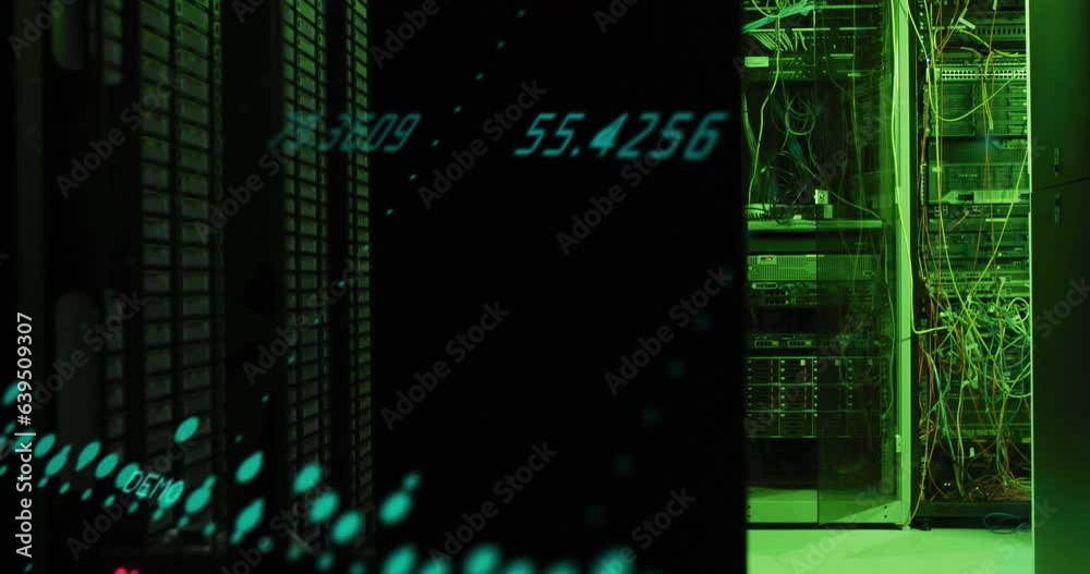 Poster animation of graphs and changing numbers over illuminated data server system in server room