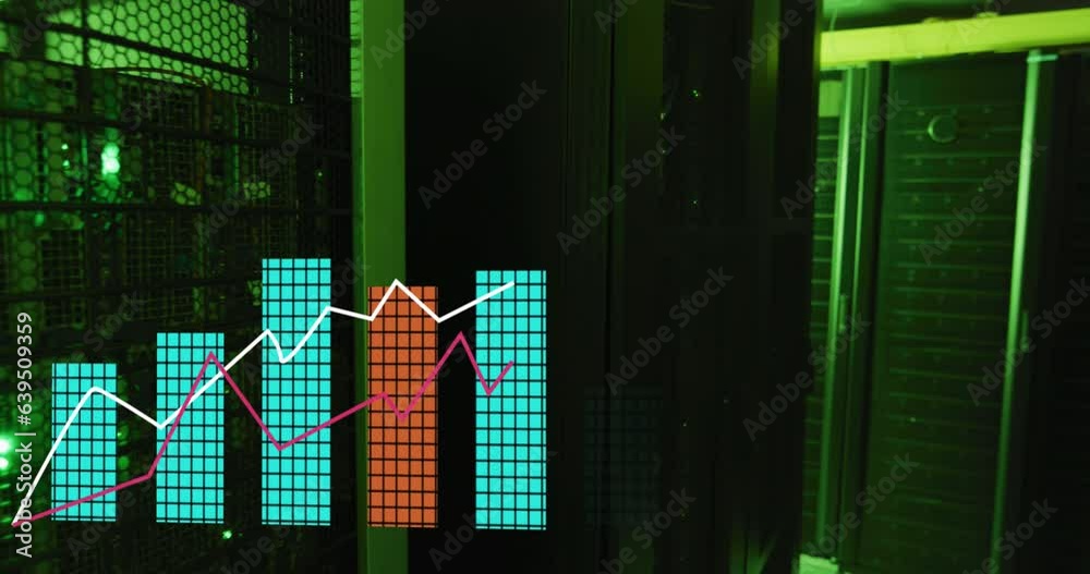 Poster animation of multiple graphs over illuminated data server systems in server room