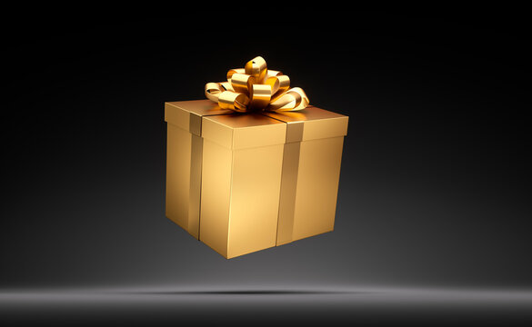 Golden closed gift box with golden ribbon isolated on black background - 3D illustration
