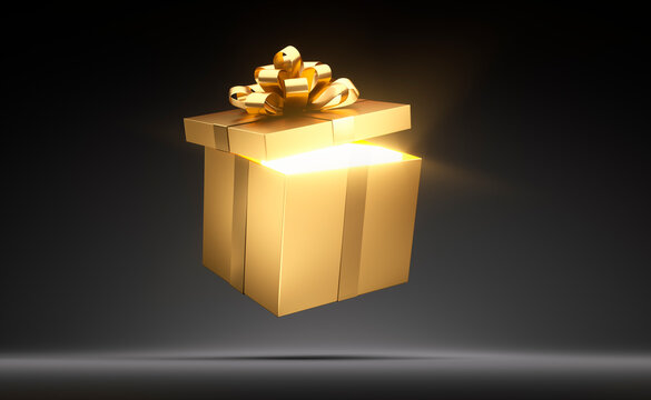 Golden open gift box with golden ribbon, light from inside, isolated on black background - 3D illustration