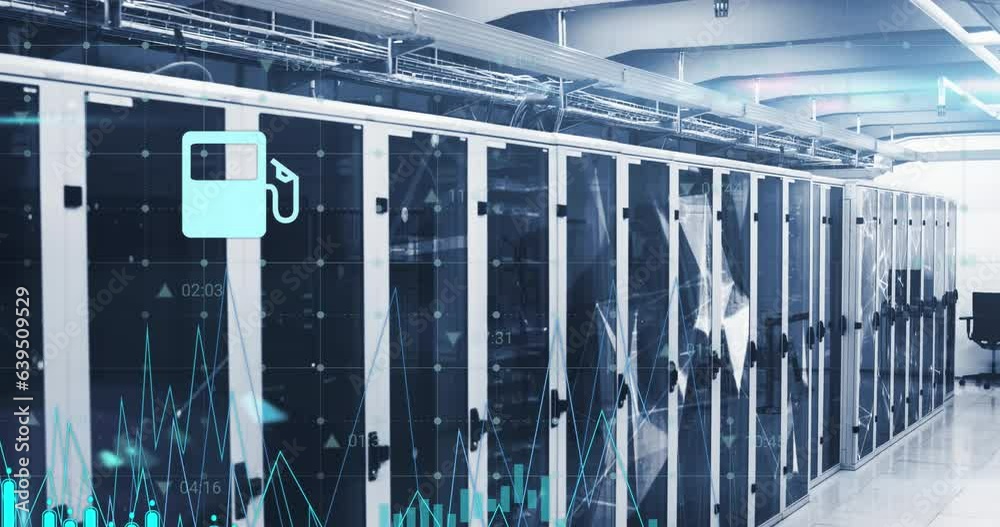 Poster animation of graphs, icons and connected dots on data server racks in server room