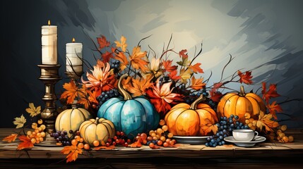 Thanksgiving table decor. Food and glasses with a drink at a festive feast.