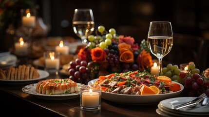 Thanksgiving table decor. Food and glasses with a drink at a festive feast.