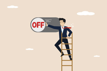 Power off setting preference, analytic control panel, energy saving and ecology concept, smart businessman pushing button to power off in control panel dashboard.