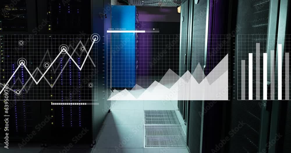 Poster animation of multiple graphs, map and loading bars over server room in background