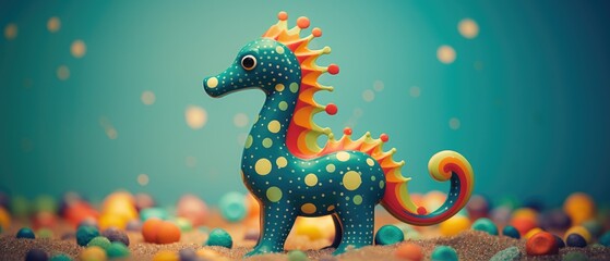 Closeup portrait of mythical seahorse plastic figurine with vibrant round polka dots, childhood playtime toy, fantasy wonderland ocean guardian - generative AI