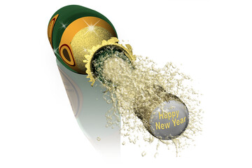 PNG; Trasparente. Buon Anno. Bottiglia spumante per festeggiare il nuovo anno. Spazio per testo. Capodanno con brindisi.