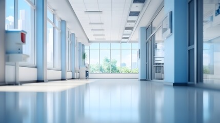 Light blurred background. The hall of an office or medical institution with panoramic windows and a perspective. Generative Ai - Powered by Adobe