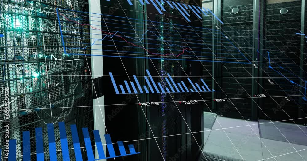Poster animation of graphs and loading circles over data server racks in server room