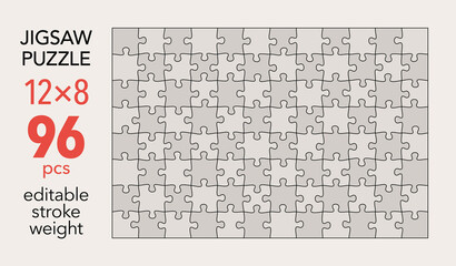 Empty jigsaw puzzle grid template, 12x8 shapes, 96 pieces. Separate matching puzzle elements. Flat vector illustration layout, every piece is a single shape. - obrazy, fototapety, plakaty