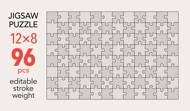 Empty jigsaw puzzle grid template, 12x8 shapes, 96 pieces. Separate matching puzzle elements. Flat vector illustration layout, every piece is a single shape.