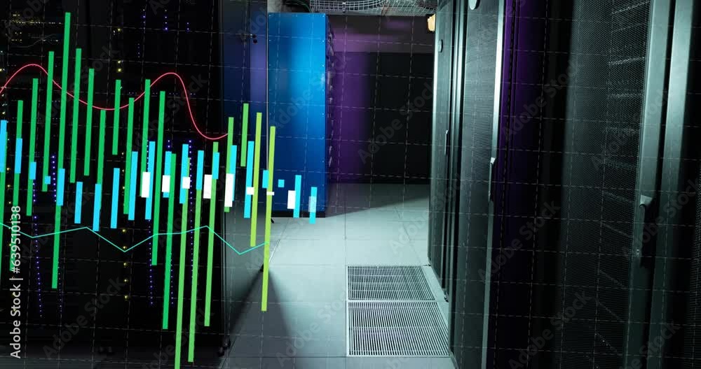 Poster animation of multicolored graphs over data server racks in server room