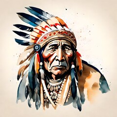 Vintage water color of a Native American Indian in a headdress. 