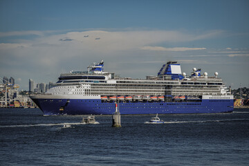 Luxury cruiseship cruise ship liner Summit arrival sail into port of Vancouver, BC Canada from...