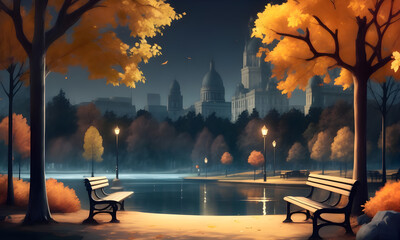 bench autumn park in night scene ai generated