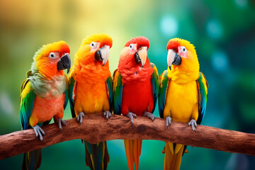 Obraz premium Bright colored parrots on a tree branch in the forest