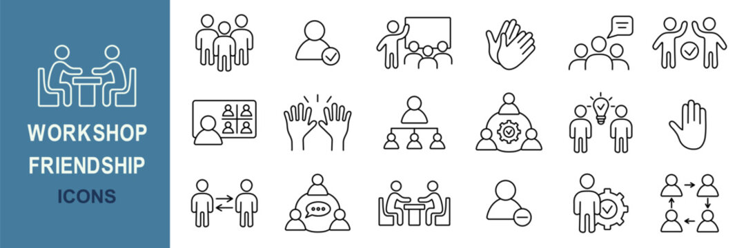 Workshop icons. Friendship set. Team building, collaboration, teamwork, coaching