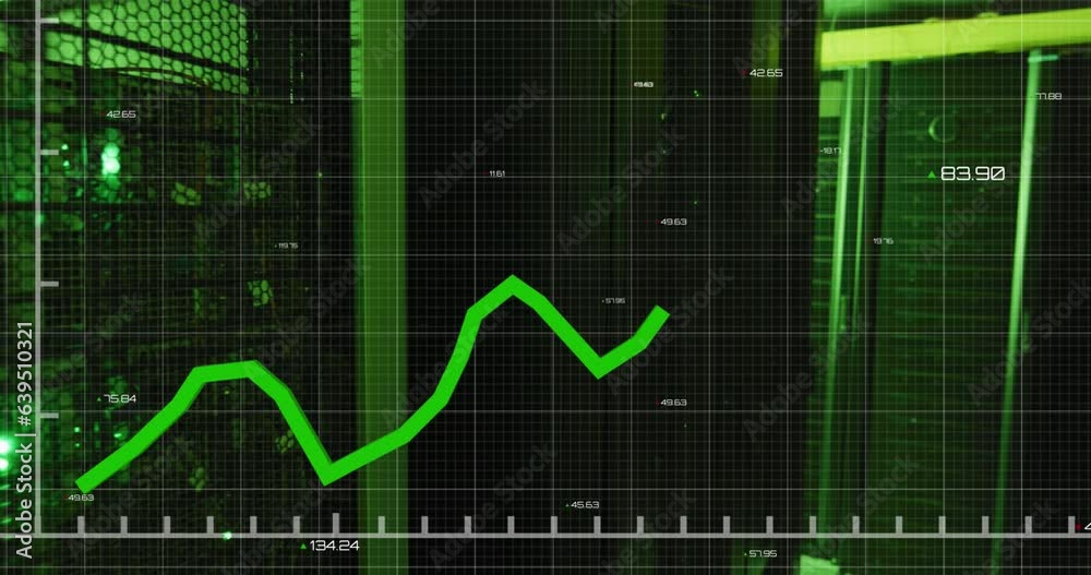 Poster animation of graph with changing numbers over illuminated data server racks in server room