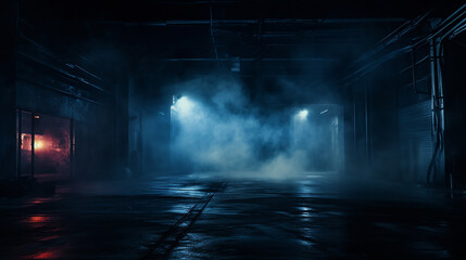 A dark empty street, dark blue background, an empty dark scene, neon light