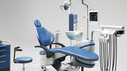 Dentist chair with tools for stomatology and oral hygiene, empty, nobody, 3d rendering