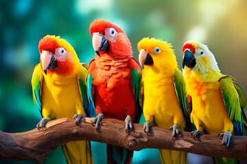 Bright colored parrots on a tree branch in the forest