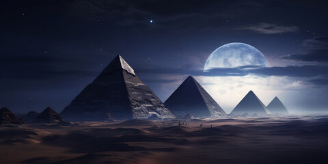 Great Pyramid of Giza, night, moon