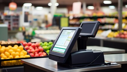 Black cash register with a blank computer monitor screen