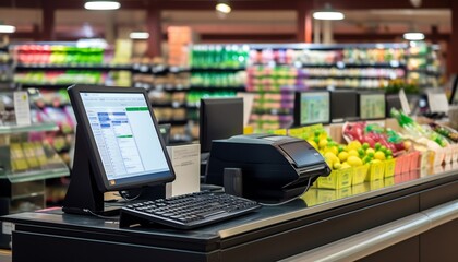 Black cash register with a blank computer monitor screen - obrazy, fototapety, plakaty