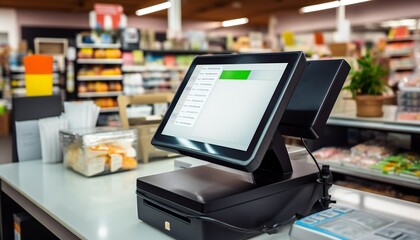 Black cash register with a blank computer monitor screen