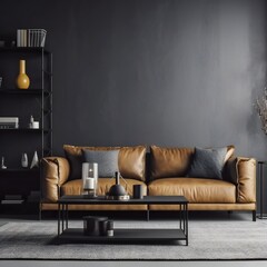 Black living room interior featuring a minimalist leather sofa