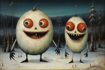 Cheerful animated figures with large eyes having a playful demeanor surrounded by snowy backdrop. Generative AI