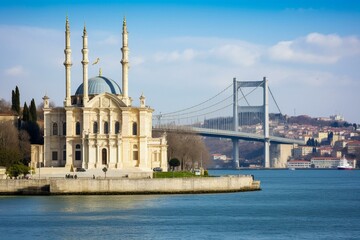 Fototapeta na wymiar Ortakoy Mosque in Istanbul with Bosphorus Bridge in the backdrop. Generative AI
