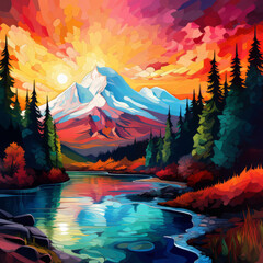 Stylized mountain towers above a central river, rich colors
