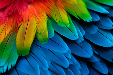 Fototapeta premium Colorful parrot feathers close-up. Parrot feathers background
