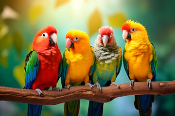 Bright colored parrots on a tree branch in the forest