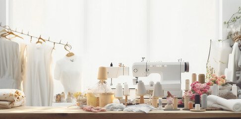 Closeup of a bright atelier studio featuring various sewing items