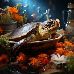 Turtle soup, ready dish illustration, delicacy. Cooked food from living beings.