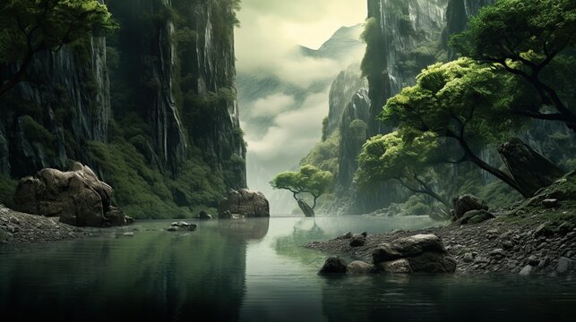 Fantasy landscape with a waterfall in the jungle