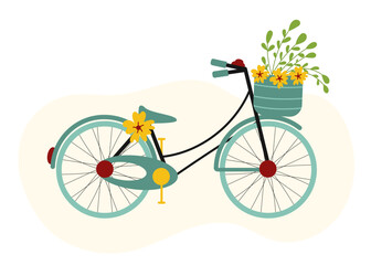 Retro bicycle with basket. Vintage bike vector illustration. Cute design for cards, greeting.  