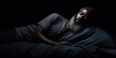 Bearded Black Homeless Man Sleeps on a Dark Place