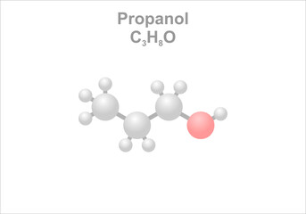 Propanol. Simplified scheme of the molecule. Use as solvent. Component of cleaning detergents and disinfectants.