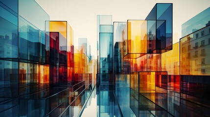 Multiple exposure of modern abstract glass architectural forms. Generative AI - Powered by Adobe