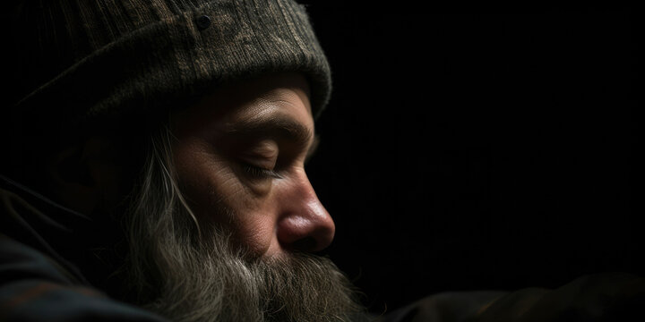 Bearded Black Homeless Man Sleeps on a Dark Place