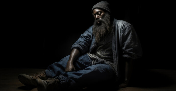 Bearded Black Homeless Man Sleeps on a Dark Place