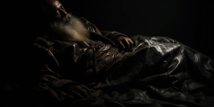 Bearded Black Homeless Man Sleeps on a Dark Place