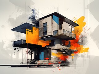 ink paint colorful house construction abstract generative ai