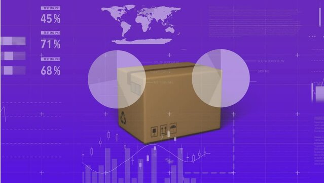 Animation of statistical data processing over delivery box falling against purple background
