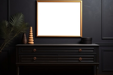 Dark gallery room interior with drawer and decoration, mockup frame